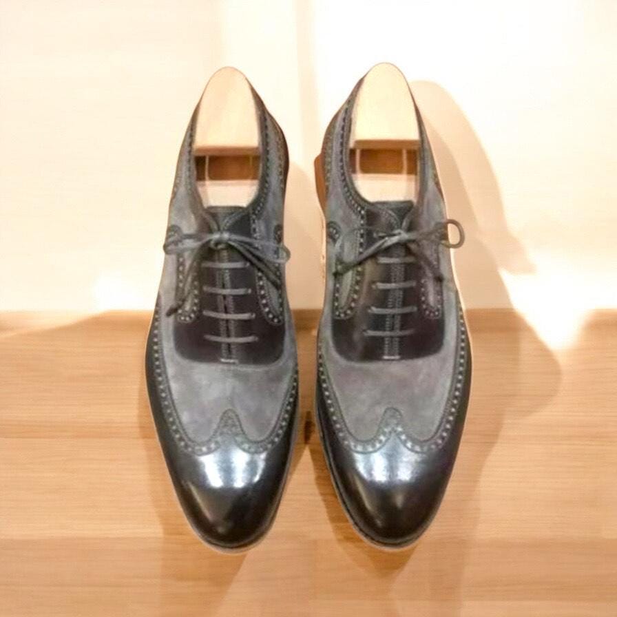 Handmade Leather Oxford Wingtip Shoes: Black & Gray Suede - Etsy display picture 1