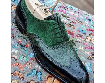 Handmade Leather Oxford Shoes, Black & Green Suede Wingtip Style