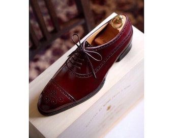 Men's Handmade Burgundy Leather Oxford Wingtip Shoes