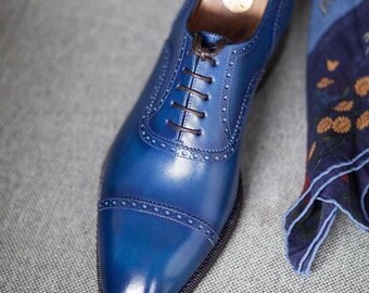 Handmade Blue Leather Oxford Shoes - Wingtip Lace-Up Design
