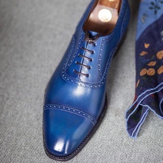 Blue Leather Oxford Shoes with Lace-Up Design New Fashion Blue Moccasin Leather Oxford Men main image 4