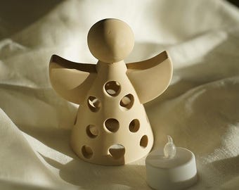 Minimalist led tealight candle holder, Decorative angel figurine lantern, Spiritual home decor, Modern angel candle holder