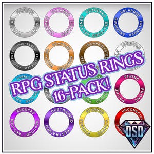 May include: A set of 16 colorful rings with different status effects, such as "blinded", "charmed", "deafened", "enlarged", "frightened", "grappled", "incapacitated", "invisible", "paralyzed", "prone", "reduced", "restrained", "stunned", and "unconscious". The rings are labeled with the status effect and have a black outline. The text "RPG Status Rings 16-Pack!" is written in a large, purple font.