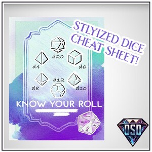 May include: A stylized cheat sheet for dice with a watercolor background. The sheet shows different types of dice, including a d4, d6, d8, d10, d12, and d20. The text "STLYIZED DICE CHEAT SHEET!" and "KNOW YOUR ROLL" is written on the sheet. A single die is shown at the bottom of the sheet.