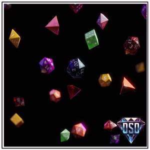 May include: A collection of colorful dice with various numbers and symbols on their faces. The dice are scattered on a black background. The dice are made of different materials, including plastic, metal, and wood.