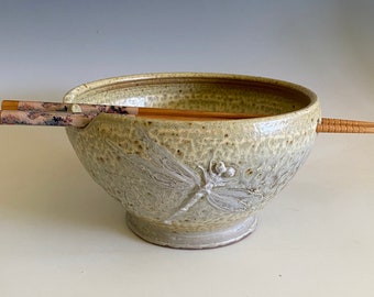 Pottery Ramen Bowl; Handmade Bowl with Chopsticks; Dragonfly Bowl