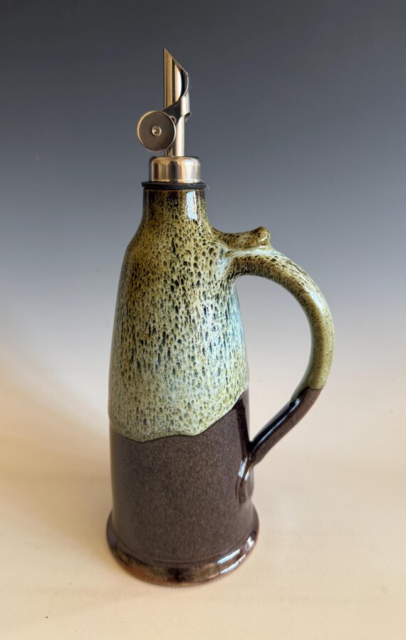 Handmade Stoneware Olive Oil Cruet: White and Chocolate Glaze, 16oz Capacity