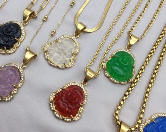 Jade Buddha Necklace: 18K Gold Filled Chain, Waterproof Amulet