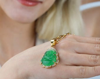 Jade Buddha Necklace: 18K Gold Filled Chain, Waterproof