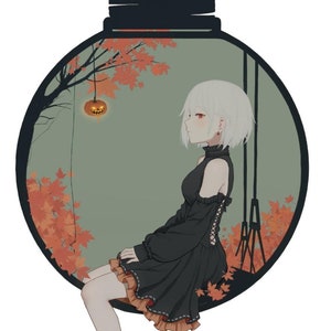 May include: A white-haired anime character wearing a black dress sits on a swing inside a round, green and orange ornament. The ornament is hanging from a string.
