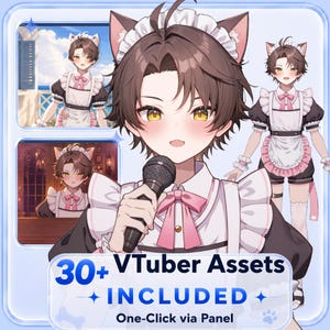 Peut inclure: Illustration de style anime d'un personnage en costume de femme de chambre avec des oreilles de chat, tenant un microphone. L'image comprend de petites images du personnage dans différentes poses. Le texte sur l'image indique "30+ VTuber Assets INCLUDED One-Click via Panel."