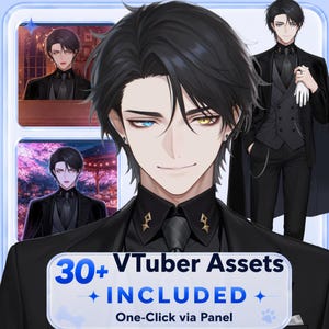 May include: Digital art featuring a male anime character with black hair and heterochromatic eyes. The image includes multiple portraits of the character in a black suit, and text that reads "30+ VTuber Assets INCLUDED".