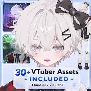 May include: A digital illustration of an anime-style character with short white hair, grey eyes, and a small red heart mark on the cheek. The character wears a black bow and hair clips. Text on the image reads 30+ VTuber Assets INCLUDED One-Click via Panel.