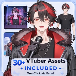 May include: Digital illustration of a male VTuber character with black and red hair, wearing a black jacket with a red collar and holding a microphone. The image includes additional character poses and the text "30+ VTuber Assets INCLUDED".
