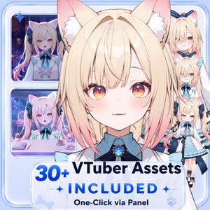 May include: Digital artwork of a blonde anime-style character with pink-tipped hair and cat ears. The image includes multiple versions of the character and text that reads "30+ VTuber Assets INCLUDED".