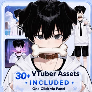 Pode incluir: Ilustração digital de um personagem com cabelo preto e orelhas de cachorro, segurando um osso. O personagem usa uma coleira marrom e um moletom branco com capuz. Inclui o texto "30+ VTuber Assets INCLUDED One-Click via Panel."
