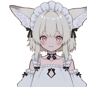 Könnte beinhalten: Ein weißer Anime-Charakter mit Fuchsohren und einem weißen Dienstmädchen-Outfit. Der Charakter hat blondes Haar, rosafarbene Wangen und trägt eine schwarze Halskette mit einem rosa Herzen.