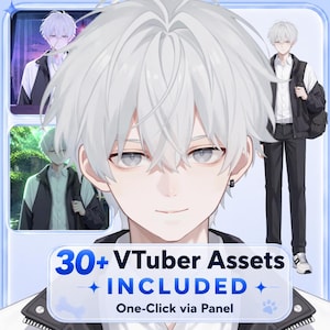 May include: A digital character illustration featuring a young person with short white hair and light eyes. The character wears a white shirt, black jacket, and black trousers. The image includes text stating 30+ VTuber Assets INCLUDED One-Click via Panel.