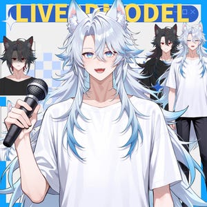 May include: Image featuring a character with long, light blue hair and wolf ears, holding a microphone. The character wears a white t-shirt. The background includes other similar characters and the text "LIVE MODEL" in yellow and blue.