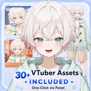 Puede incluir: Ilustración digital de un personaje de estilo anime con cabello blanco y ojos verdes, vistiendo una chaqueta verde claro. La imagen incluye retratos de personajes más pequeños y el texto: "30+ VTuber Assets INCLUDED".