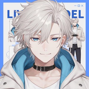May include: Digital illustration of a character with white hair and blue eyes, wearing a white jacket with a blue interior and a black choker. The image includes the text "LIVE MODEL" in blue, with a smaller image of the character in the background.
