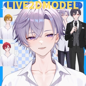 Op de afbeelding: Digitale kunst met een mannelijk anime-personage met lavendelkleurig haar en paarse ogen, gekleed in een wit overhemd. De afbeelding bevat andere personagevariaties met verschillende haarkleuren en outfits. De tekst "LIVE 2D MODEL" staat bovenaan.