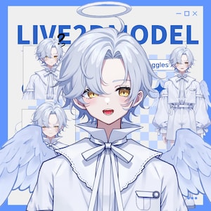 Könnte beinhalten: Eine digitale Illustration eines jungen Menschen mit weißen Haaren und blauen Augen. Es trägt ein weißes Hemd mit einer Schleife und einem Heiligenschein. Es hat Engelsflügel und lächelt. Der Text "LIVE2D MODEL" ist im Hintergrund sichtbar.
