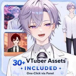 May include: Digital art featuring a male anime character with lavender hair and purple eyes. The image includes a text box that reads "30+ VTuber Assets INCLUDED". Additional images of the character are shown in different outfits.