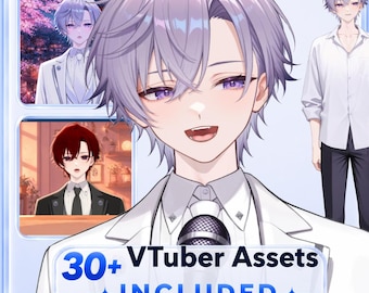 May include: Digital art featuring a male anime character with lavender hair and purple eyes. The image includes a text box that reads "30+ VTuber Assets INCLUDED". Additional images of the character are shown in different outfits.