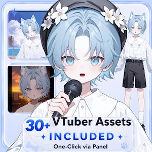 May include: Digital art featuring a blue-haired anime character with cat ears, holding a microphone. The character is wearing a white shirt and black shorts. The image includes the text "30+ VTuber Assets INCLUDED".