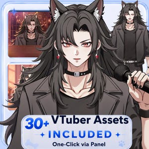 May include: Digital art of a male anime character with wolf ears, long black hair, and red eyes. He wears a black choker, earrings, and a black jacket. The image includes the text "30+ VTuber Assets INCLUDED One-Click via Panel."