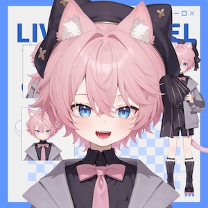May include: An anime-style illustration of a character with pink hair, blue eyes, and cat ears. The character wears a black outfit with a pink tie and a gray jacket. The background is blue with text.