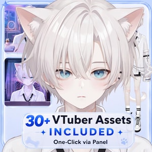 May include: A digital illustration of a character with white hair and cat ears, featuring blue eyes and a white shirt. The image includes smaller inset panels showing the character in different settings and text that reads 30+ VTuber Assets INCLUDED.