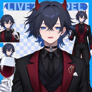 May include: Digital illustration of a character with dark blue hair, blue eyes, and red horns. The character wears a black suit with red lapels, a black tie, and a choker. The image includes multiple poses and a wine glass.