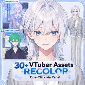 Puede incluir: Un paquete de activos de personaje digital con un retrato central de una persona con cabello blanco y ojos azules, junto con variaciones de cuerpo completo y color. El texto dice 30+ VTuber Assets RECOLOR One-Click via Panel.