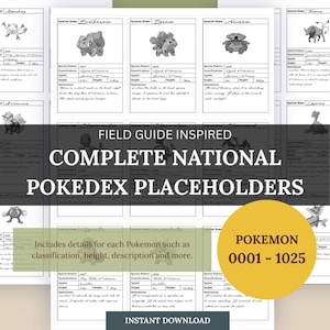 Op de afbeelding: Een op een veldgids geïnspireerd Pokedex-placeholderblad met zwart-witillustraties van diverse wezens. Elk item bevat velden voor soortnaam, nummer, classificatie, type, lengte, gewicht en een geschreven beschrijving voor 0001-1025.