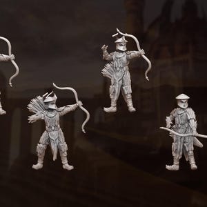 Puede incluir: Figuras en miniatura de arqueros con armaduras detalladas, cada uno sosteniendo un arco y una flecha, con un carcaj de flechas en la espalda. Las figuras son de color gris claro, sobre un fondo borroso. El texto "Dandelion in Middle Earth" es visible.