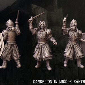 May include: Three miniature figures of knights in silver armour, each holding a sword and shield. The shields feature a tree design. The figures are posed in different fighting stances.