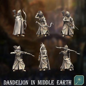 May include: Six miniature figurines of elves, each holding a bow and arrow. The elves are dressed in detailed armour and robes, with feathered headdresses. The figurines are posed in various action stances, ready for battle.
