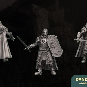 May include: Three detailed figurines of a warrior in armour, holding a sword and shield. The shield features a tree design. The figures are in various poses, with a dark background. The text "DANDELION in Middle Earth" is at the bottom.