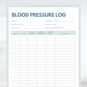 Puede incluir: Un registro de presión arterial con un borde azul claro. El documento incluye campos para nombre, medicamento y médico, con secciones para registrar fecha, hora, sistólica, diastólica, frecuencia cardíaca y notas. Una pegatina de bonificación ofrece un rastreador de presión arterial, guías y consejos.