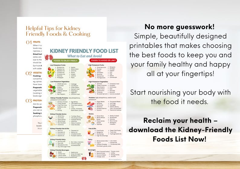 Kidney-Friendly Food List PDF: Renal diet guide with foods to eat & avoid, low potassium, low phosphorus options, tips for CKD meal planning, categorized fruits, vegetables, grains, proteins, dairy & more. Perfect for managing chronic kidney disease