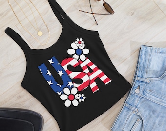 USA Hippie Daisy Flowers Damen Micro-Rib Sommer Tank Top