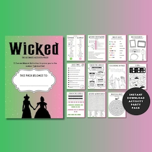 Hoja de actividades imprimible inspirada en el musical de la película Wicked / Paquete de juegos para fiestas / Paquete de actividades para la mesa de fiesta para niños para descargar