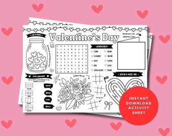 Valentines Day Printable Activity Sheet Placemat, Valentines Colouring Page, Kids Party Table Activity Page Download
