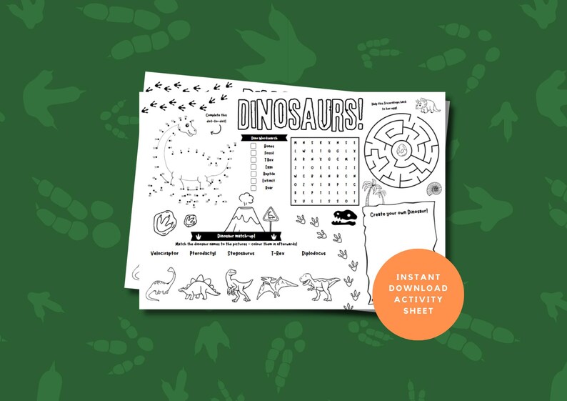 Dinosaur Printable Activity Sheet Placemat, Kids Dinosaur Colouring ...