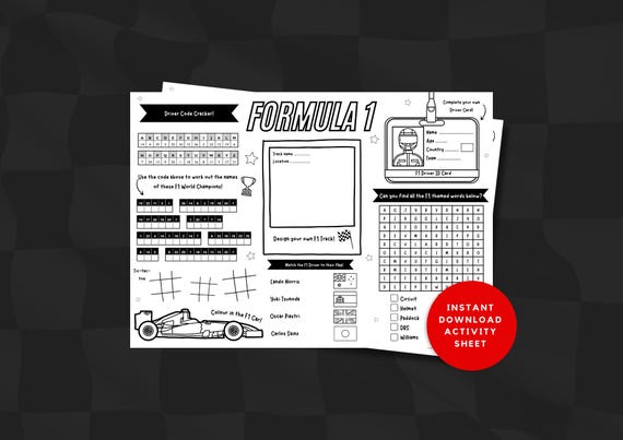 Formula 1 F1 Inspired Printable Activity Sheet Placemat, F1 Formula 1 Colouring Page, Kids Party Table Activity Page Download