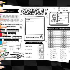 May include: A black and white printable activity sheet with a Formula 1 theme. The sheet includes a code cracker, a word search, a driver ID card, and a section to design your own F1 track. The sheet also includes a section to color in an F1 car.