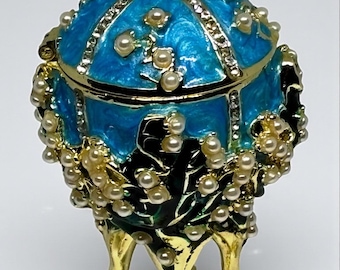 Blue Faberge Style Egg: Bohemian Decor with Opening Top
