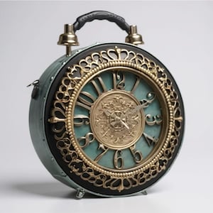 Retro Clock Handbag Bluish Green & Rustic Gold, Shoulder Strap vintage
